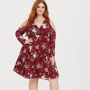 Torrid Red Floral Cold Shoulder Long Sleeve Faux Mini Wrap Dress Women Size 2/2X